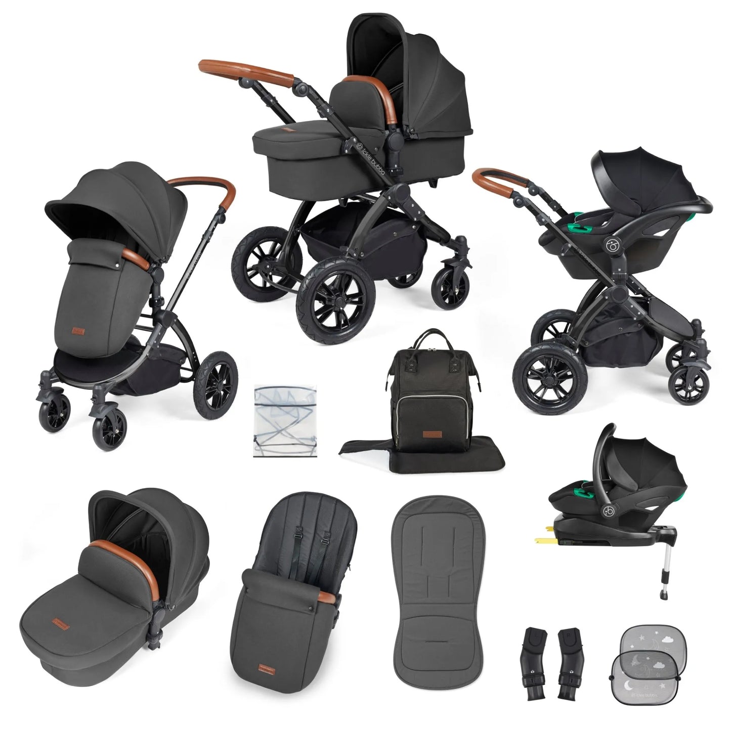 Ickle bubba Stomp Luxe All in One Premium i-Size Travel System with ISOFIX Base *Charcoal Grey  - Tan handle