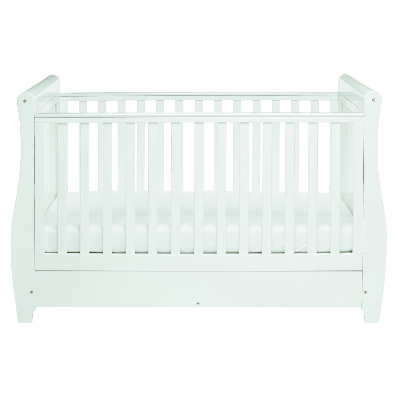 Babymore Stella Sleigh Drop Side  Convertible Cot Bed & cot top changer White