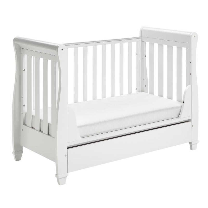 Babymore Eva Sleigh Cot Bed Drop side  with Drawer & cot top changer-White