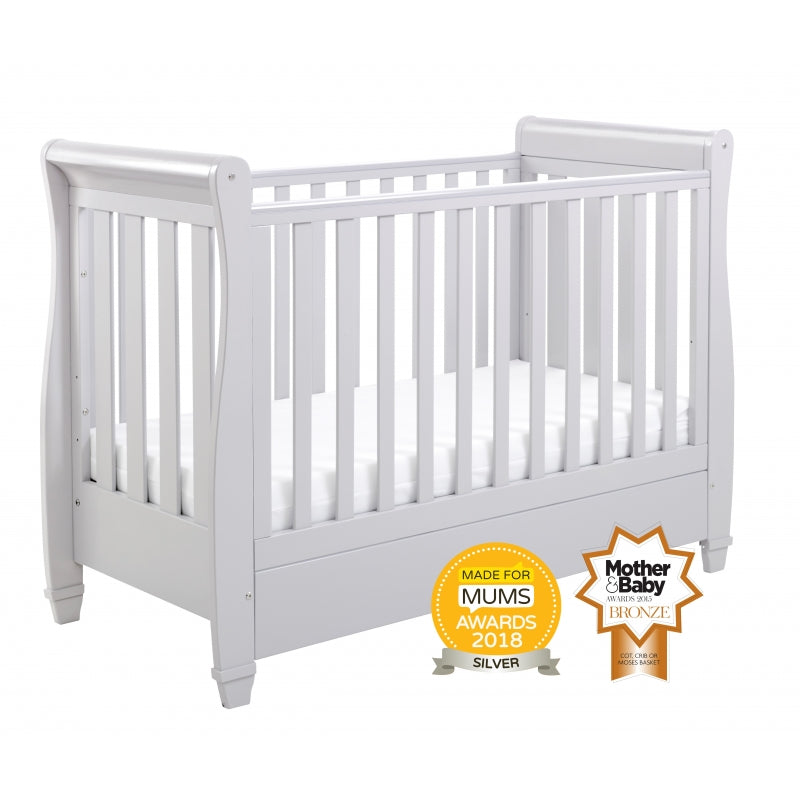 Babymore Eva Sleigh Cot Bed Drop side  with Drawer &  cot top changer -Grey