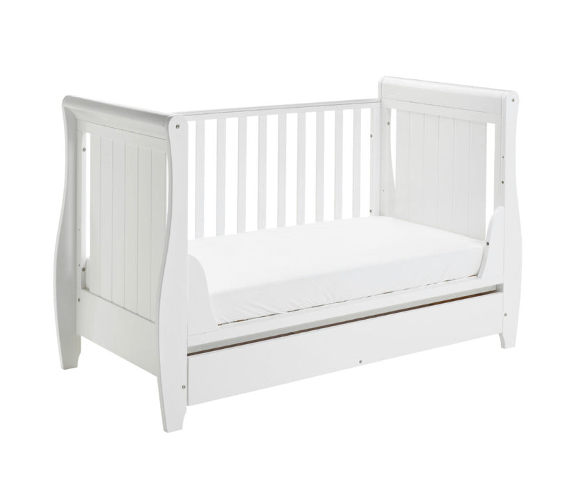 Babymore Stella Sleigh Drop Side  Convertible Cot Bed & cot top changer & foam mattress White