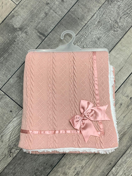 Soft Touch Cable knitted bow  blanket - rose