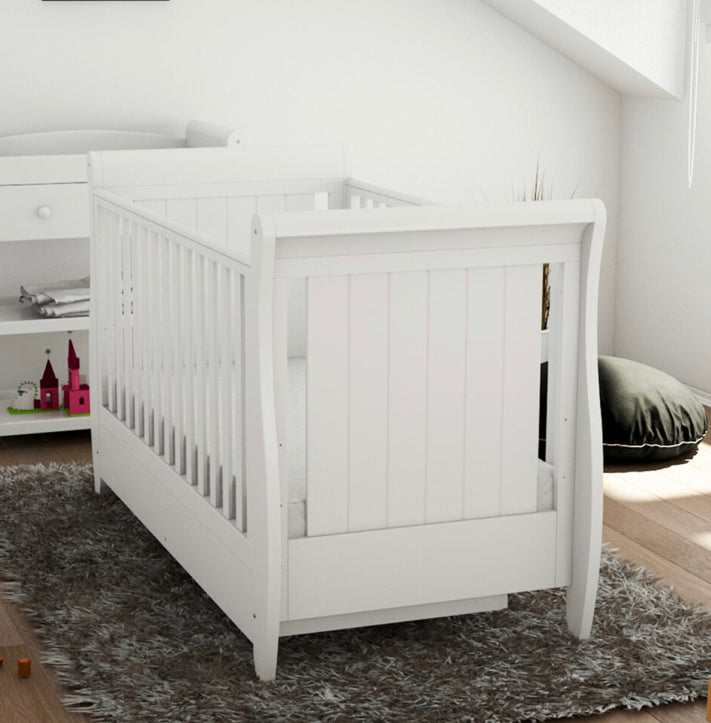 Babymore Stella Sleigh Drop Side  Convertible Cot Bed & cot top changer & foam mattress White