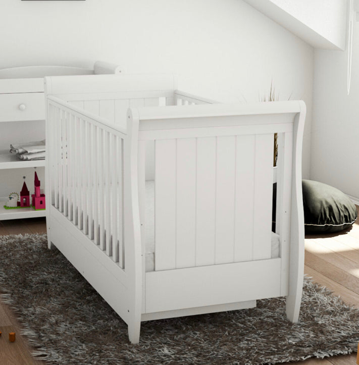 Babymore Stella Sleigh Drop Side  Convertible Cot Bed & cot top changer White