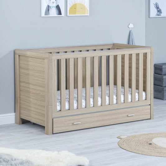 Babymore Luno Cot Bed Including Draw - Oak SALE