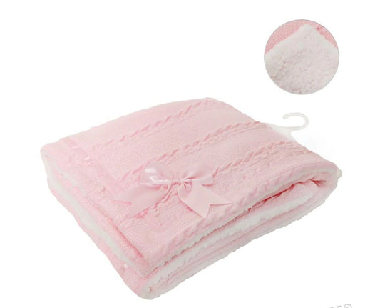 Soft Touch Cable knitted bow  blanket - Pink