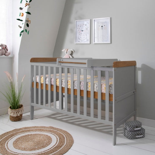 Tutti Bambini Rio Cot Bed Bundle Including Cot Top Changer & Mattress- Dove grey & Oak