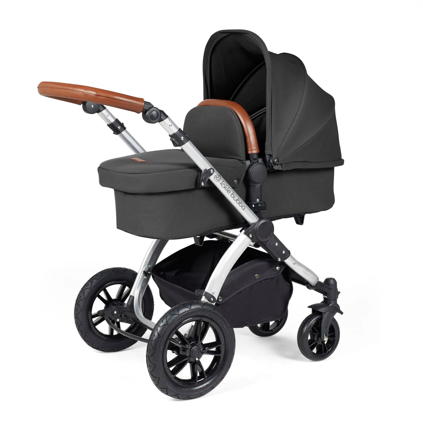 Ickle bubba Stomp Luxe All in One Premium i-Size Travel System with ISOFIX Base *Charcoal Grey  - Tan handle