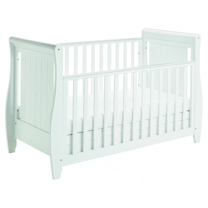 Babymore Stella Sleigh Drop Side  Convertible Cot Bed & cot top changer & foam mattress White