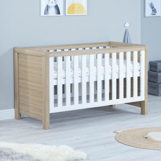 Babymore Luno Cot Bed-Oak & White