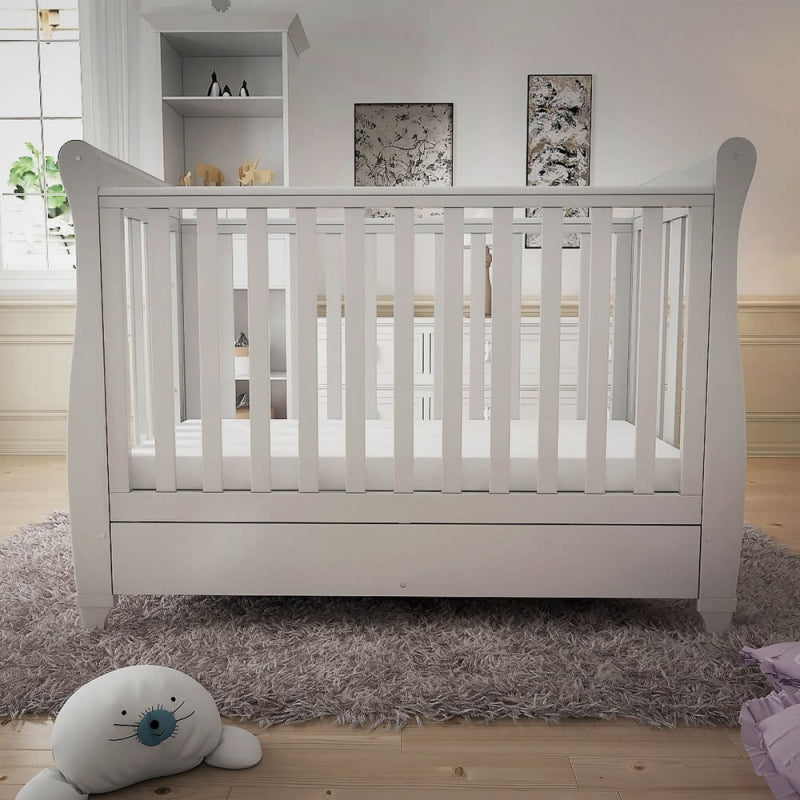 Babymore Eva Sleigh Cot Bed Drop side  with Drawer-White *Sale