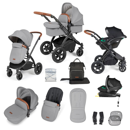 Ickle bubba Stomp Luxe All in One Premium i-Size Travel System with ISOFIX Base *Pearl Grey   - Tan handle  - EMAIL FOR STOCK  LEVEL