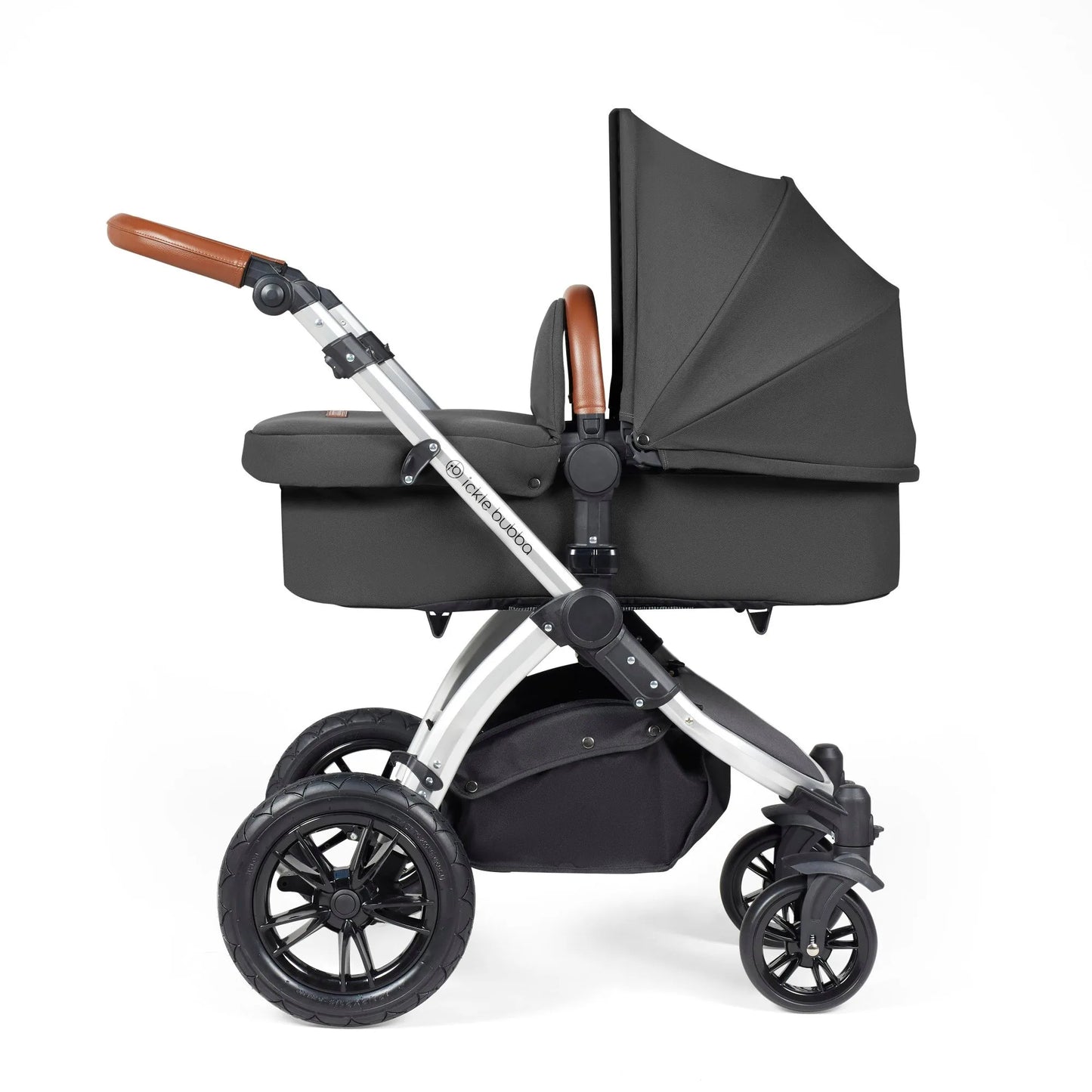 Ickle bubba Stomp Luxe All in One Premium i-Size Travel System with ISOFIX Base *Charcoal Grey  - Tan handle