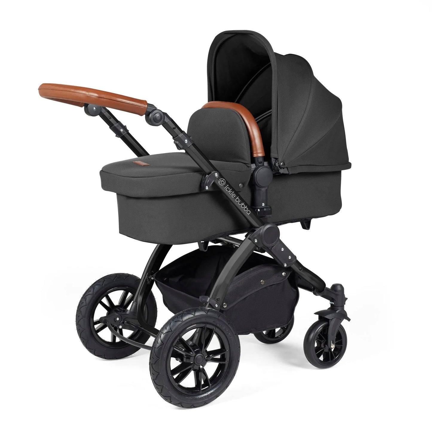 Ickle bubba Stomp Luxe All in One Premium i-Size Travel System with ISOFIX Base *Charcoal Grey  - Tan handle