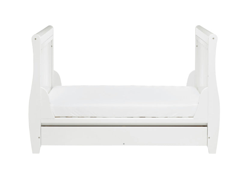 Babymore Stella Sleigh Drop Side  Convertible Cot Bed & cot top changer & foam mattress White