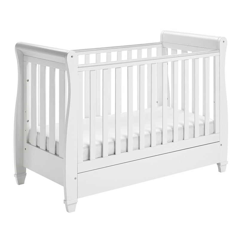 Babymore Eva Sleigh Cot Bed Drop side  with Drawer & foam mattress-White