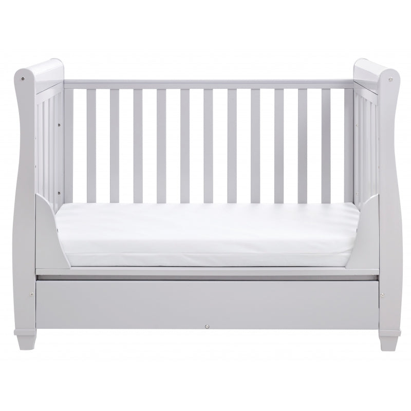 Babymore Eva Sleigh Cot Bed Drop side  with Drawer &  cot top changer & foam mattress -Grey