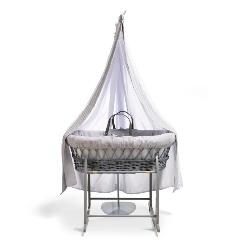 Clair de lune 6 Piece Waffle Grey Wicker Moses Basket & Drape Starter Set