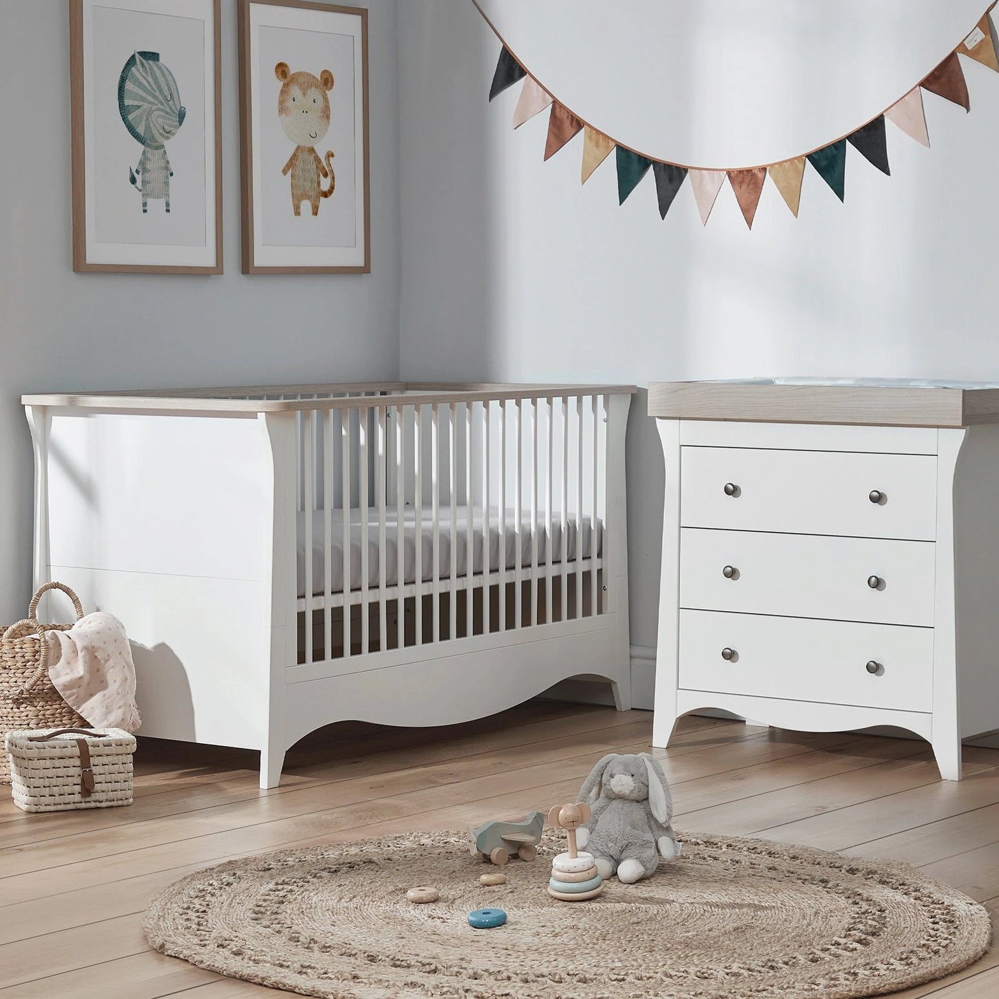 Cuddle Co Clara 2 Piece Nursery Furniture Set (Cot Bed & Dresser) - White & Ash