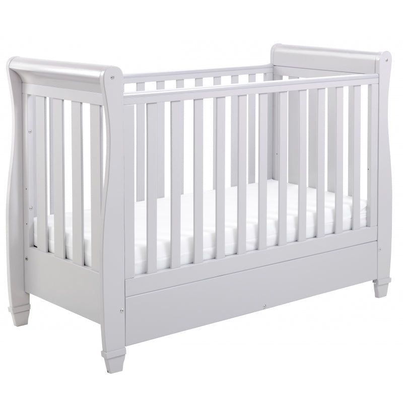 Babymore Eva Sleigh Cot Bed Drop side  with Drawer &  cot top changer & foam mattress -Grey