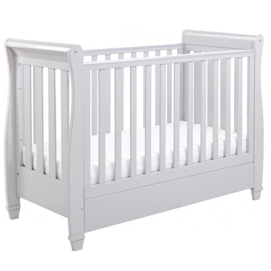 Babymore Eva Sleigh Cot Bed Drop side  with Drawer &  cot top changer & foam mattress -Grey