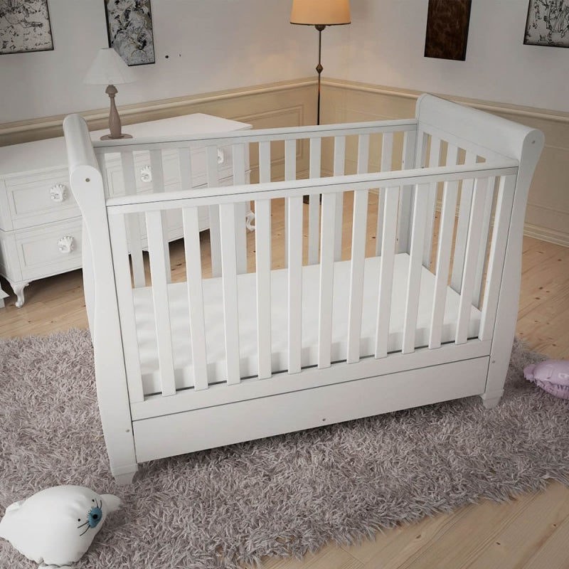 Babymore Eva Sleigh Cot Bed Drop side  with Drawer-White *Sale