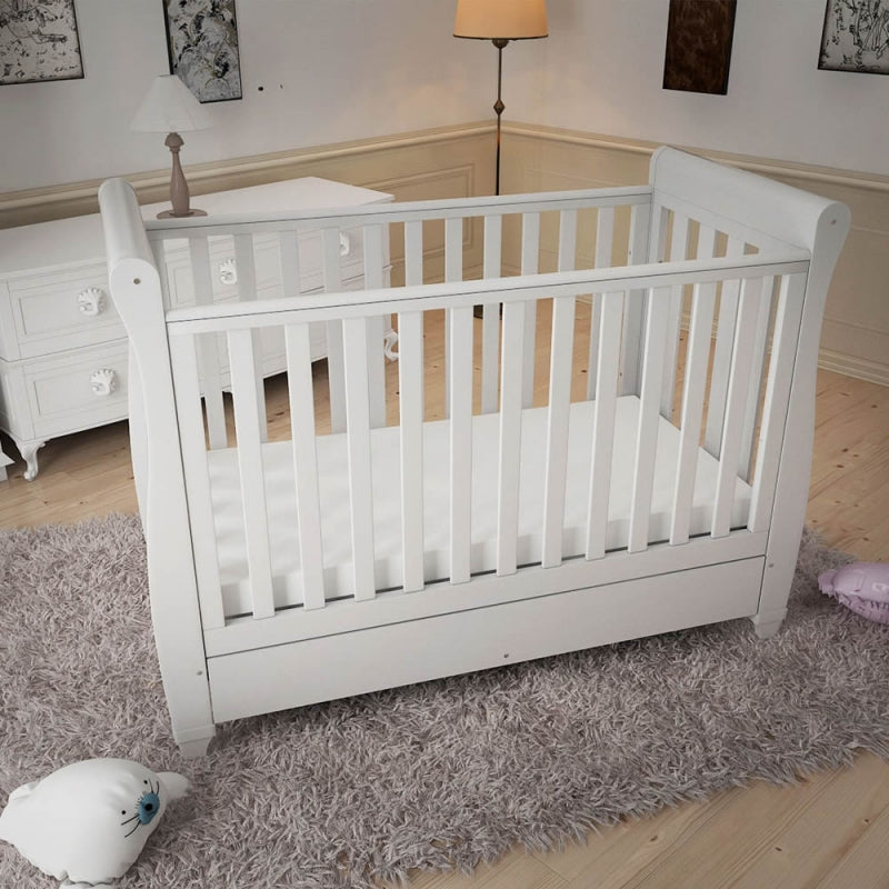 Babymore Eva Sleigh Cot Bed Drop side  with Drawer & cot top changer-White