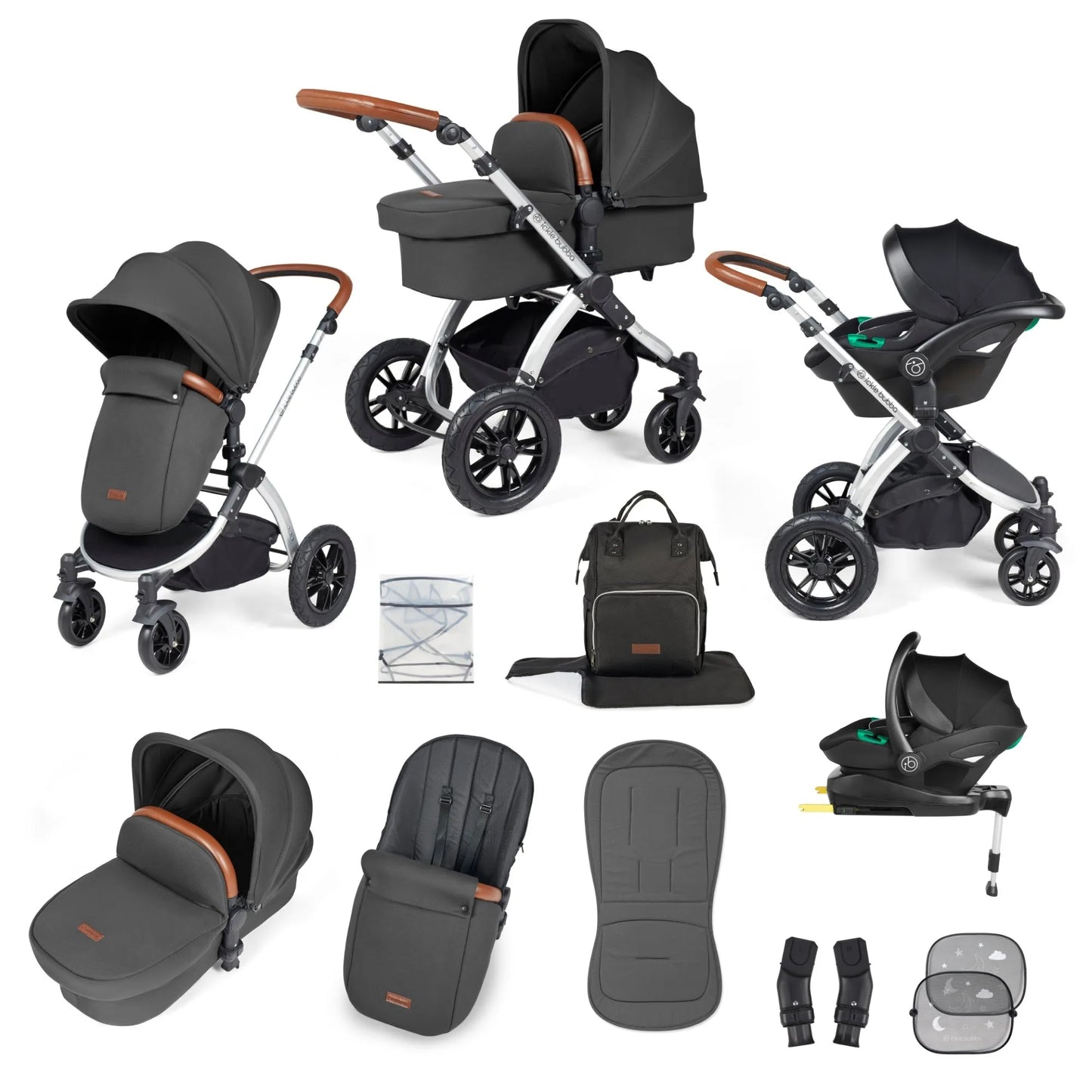 Ickle bubba Stomp Luxe All in One Premium i-Size Travel System with ISOFIX Base *Charcoal Grey  - Tan handle