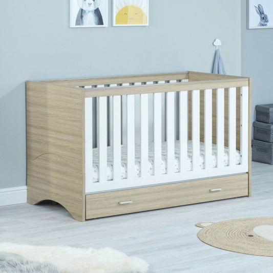 Babymore Veni Cot Bed with Drawer-Oak & White SALE