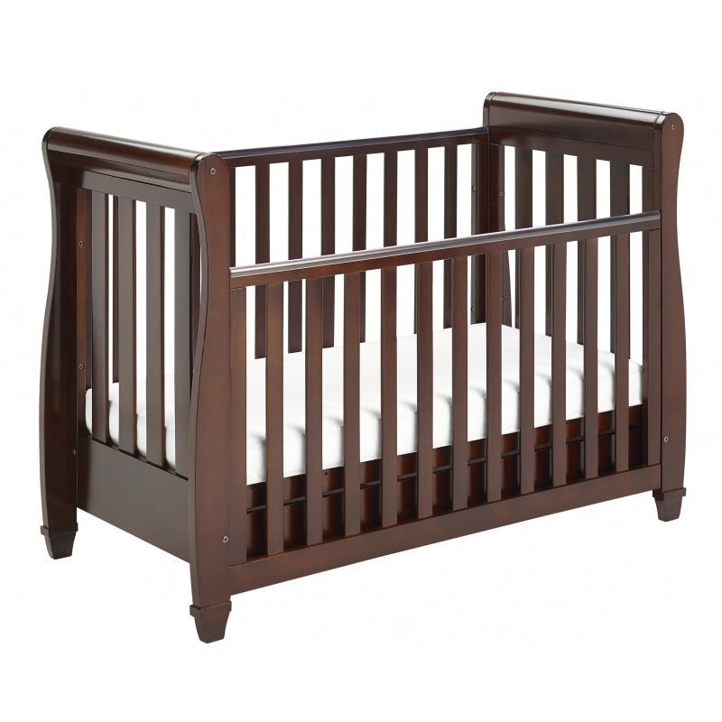 Babymore Eva Sleigh Cot Bed Drop side  with Drawer & foam mattress -Brown