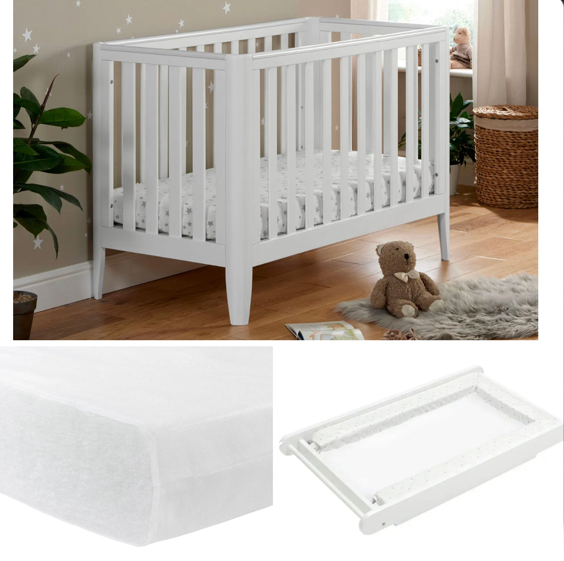 Babymore Iris Cot Bed & cot top changer & foam mattress -White